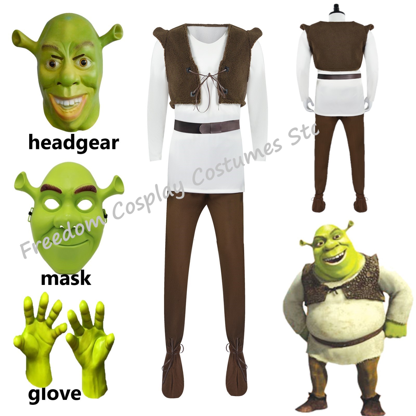 ムービーモンスターシュレックコスプレ衣装マスクシュレックトップベストパンツ男性用パフォーマンスロールプレイハロウィンカーニバルパーティー衣装
