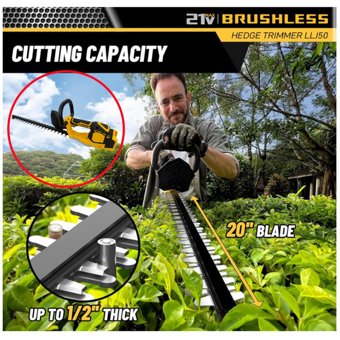 ブラシレスヘッジトリマー - 20インチ電動剪定ばさみ、DEWALT 21Vバッテリーと互換性あり、コードレス低木トリミングツール