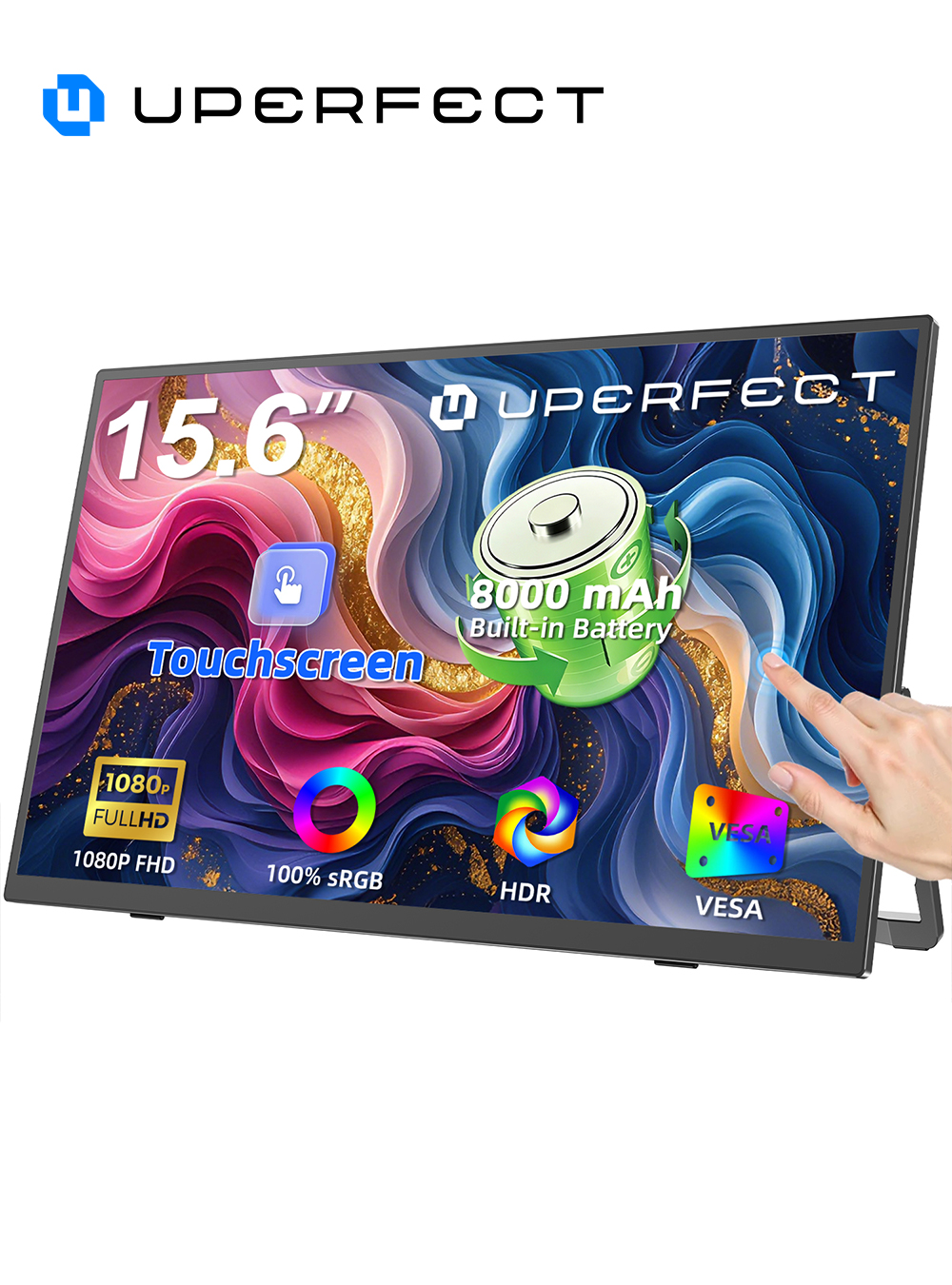 完璧なタッチスクリーンポータブルモニター内蔵 8000mAh バッテリー駆動 15.6 インチ 1080P USB-C HDMI 外部コンピューターディスプレイ VES 付き