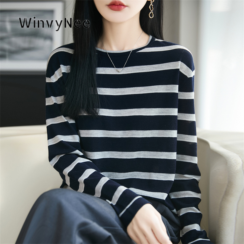 WinvyNee 女性ストライプクルーネックピュアウール女性ソフトニットファッション多用途カジュアルファッションオフィスデイリープルオーバー ZA1227030