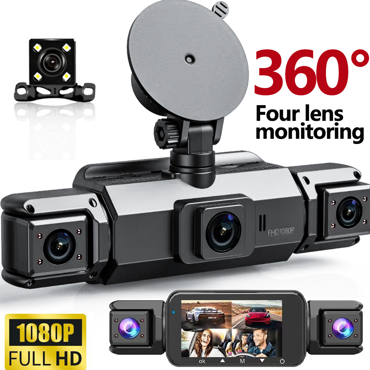 360° 車 DVR ダッシュカム 4 レンズフロントリア左右内部 IPS スクリーン回転可能レンズナイトビジョン 24 時間駐車 G センサーブラックボックス