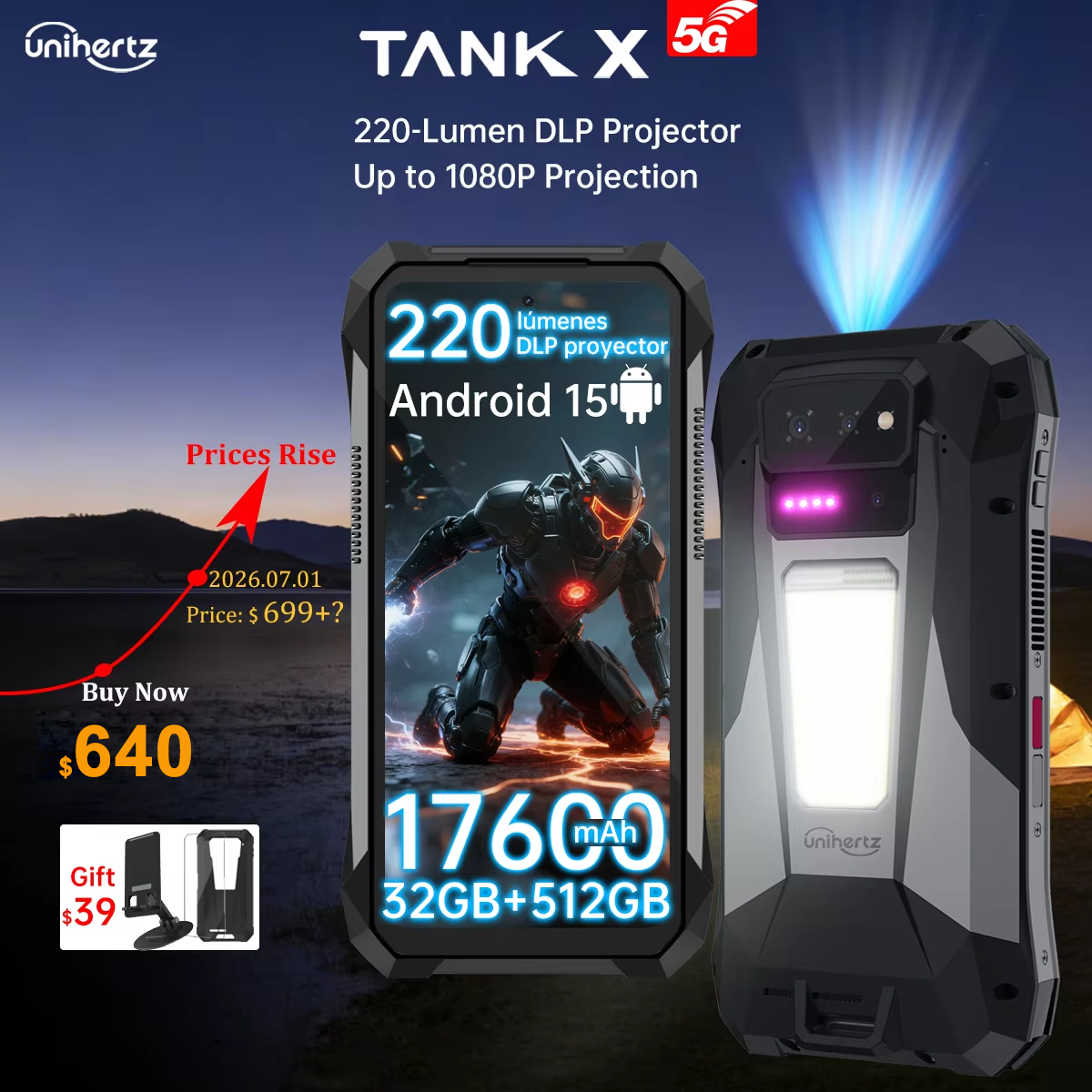 世界初公開】Unihertz by 8849 TANK X Rugged Phone 5G Android 15 内蔵 1080P 220 ルーメン投影 17600mah バッテリー 32 512GB
