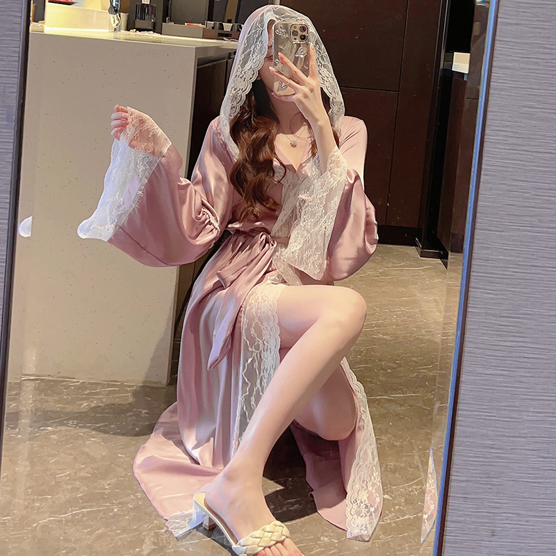 2025 夏長袖シルクサテンフード付き着物ローブ女性のためのかわいいレースの花嫁ローブバスローブパジャマホームウェアナイトドレス