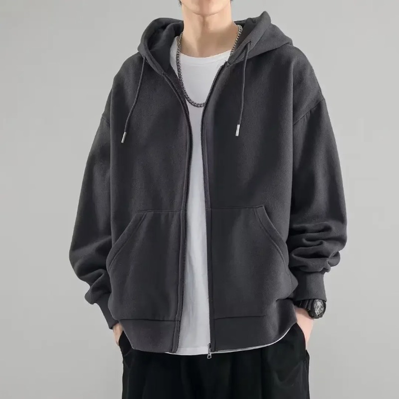 男性服黒固体スウェットシャツ男性フルジップアップフード付きパーカー冬若い販売提供高品質韓国スタイル S