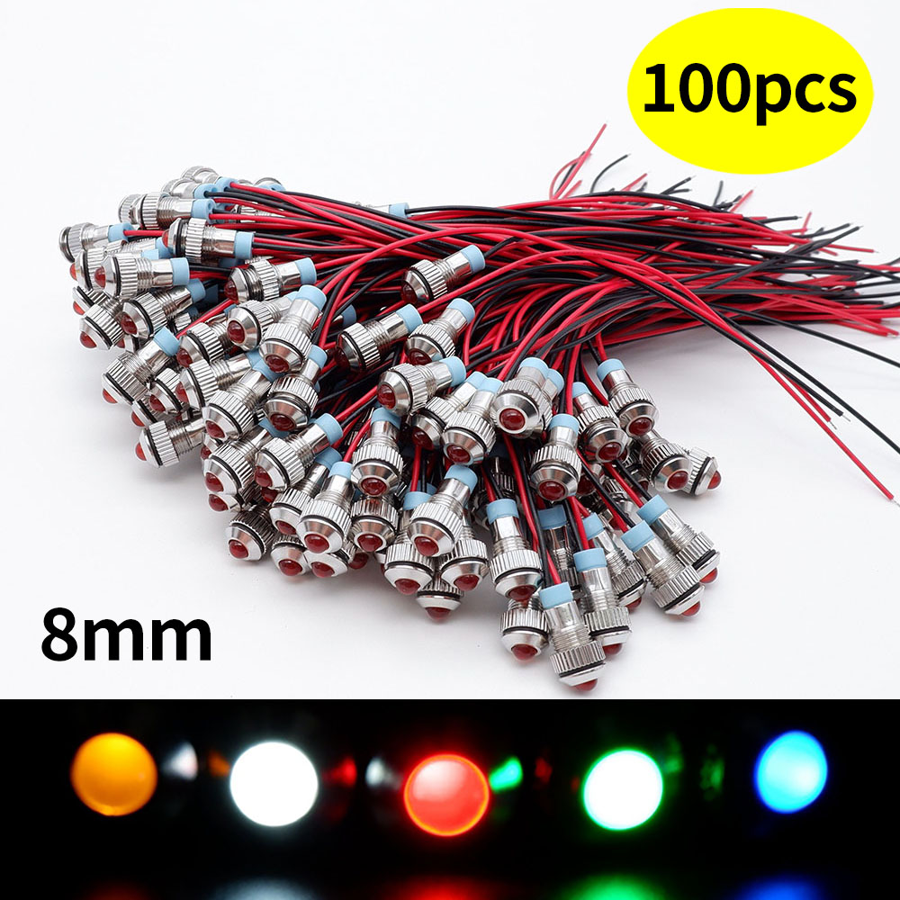 100 個 8 ミリメートル金属インジケータライト LED 警告信号ランプワイヤー 3V 5V 12V 24V 110V 220V 赤、黄、青、緑、白