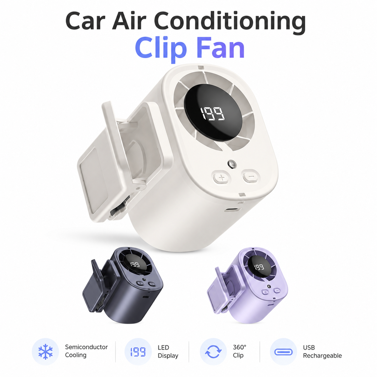 カーエアコンファンクリップポータブルUSB充電式冷却ファンLEDディスプレイ付き360回転大型バッテリー