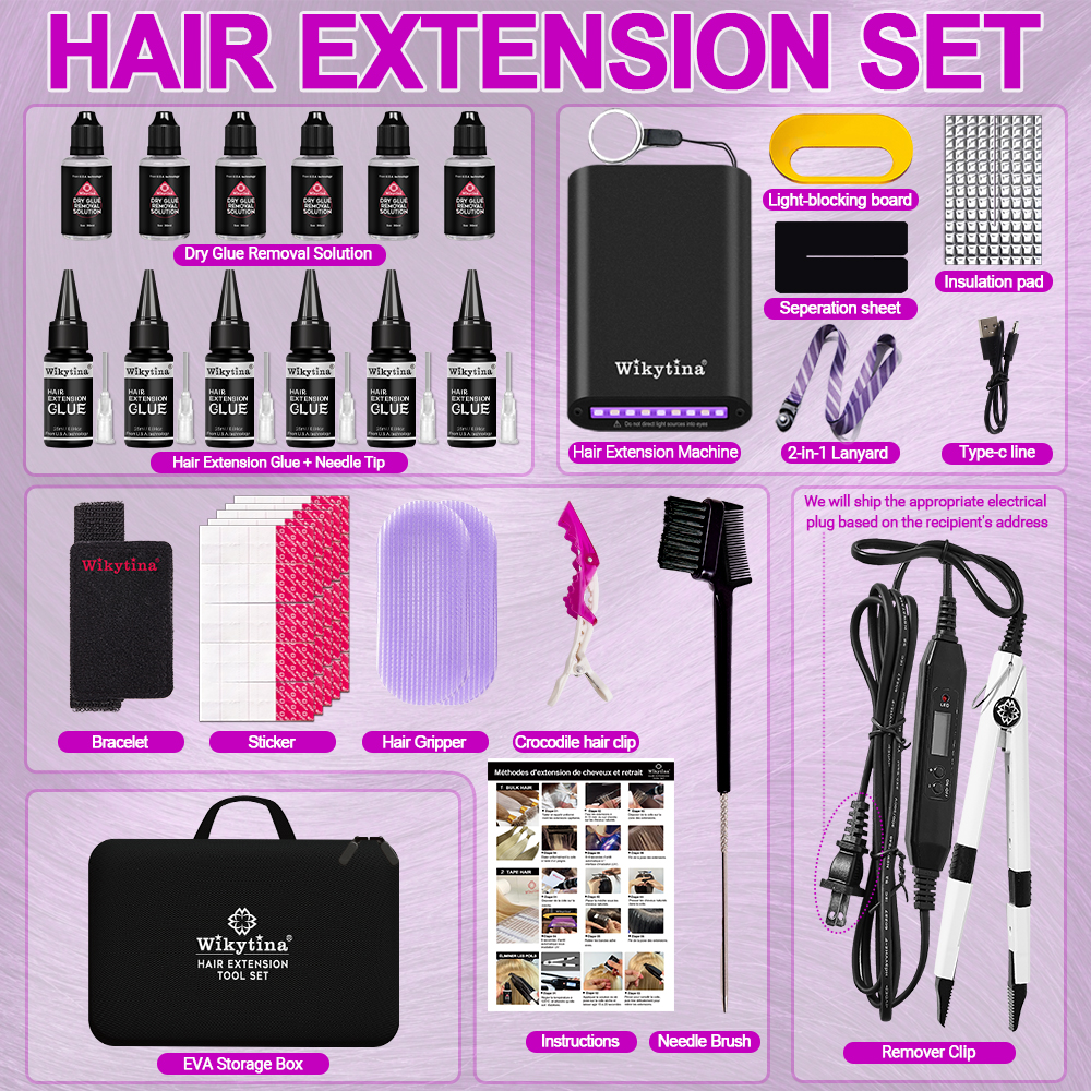 ヘアエクステンションマシンや器具を含むサロン品質のエクステンション用の UV 接着剤とツールを備えた UV ライトヘアエクステンションキット