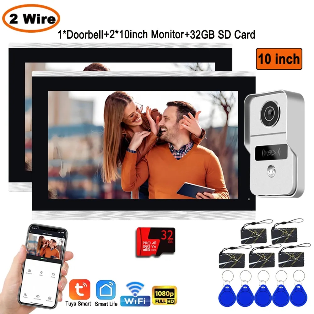 2 ワイヤー WiFi ビデオドアホン 10 インチタッチ LCD HD IR 屋外カメラ Tuya スマートホームドアベルインターホンシステム 32 グラムアプリ RFID ロック解除