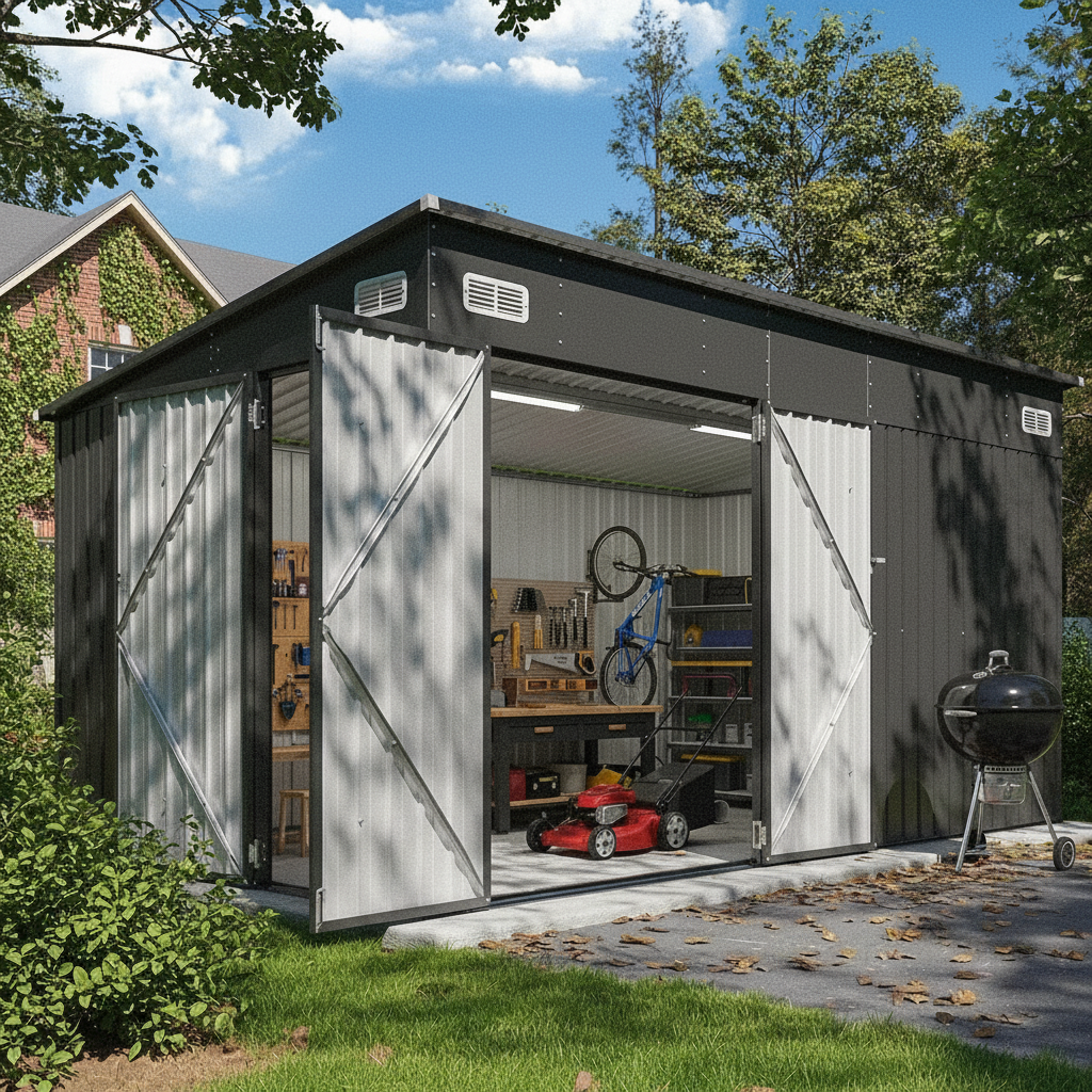 8x10 金属製屋外収納小屋 トリプルドア デュアルロック 傾斜屋根 亜鉛メッキ鋼 芝刈り機 バイク ガーデンツール用 カスタム