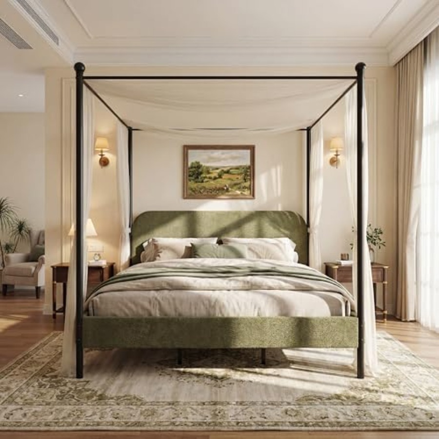 King Size Upholstered Canopy Bed Frame with Boucle Fabric, Curved Headboard and Iron Legs, Modern Platform Bed Frame with Slats