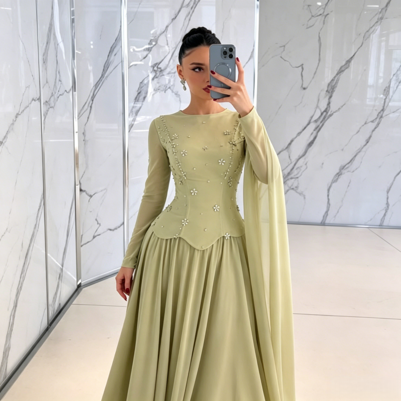 2026 Long Sleeve Corset Evening Gown With Beaded Floral Applique Lace-Up Back A-Line Formal Dress For Women Partyسيرين هيل