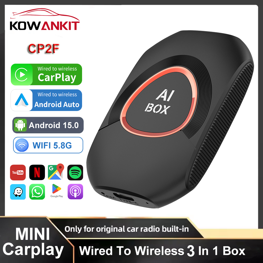 Kowankit CP2F Android 15 3 in 1 ワイヤレス CarPlay スマート AI ボックス Android 自動アダプター プラグプレイ 車 TV ボックス サポート YouTube Netflix