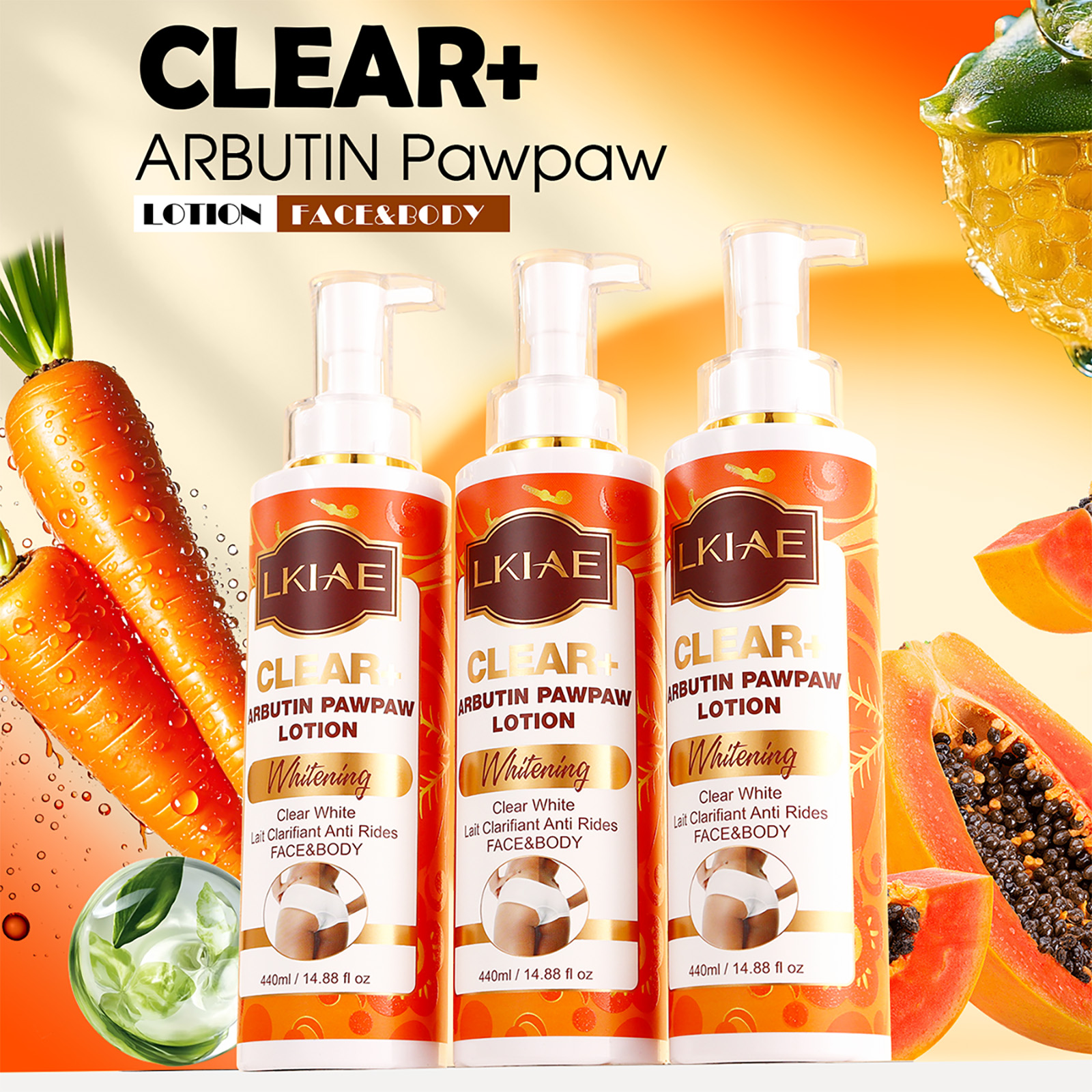 LKIAE Clear Arbutin Pawpaw Whitening Body Lotion, Moisturizing Cream, Improve Rough Skin, Remove Dark Spots, Melanin