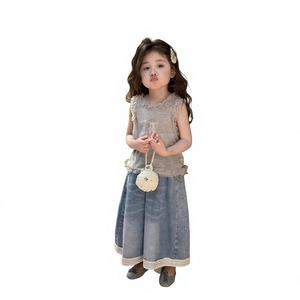 韓国風セットアップ 2025年春夏新作 女の子用 クマ柄 無地 キャラクター プルオーバー デニムワイドパンツ スポーツ風 トレンド