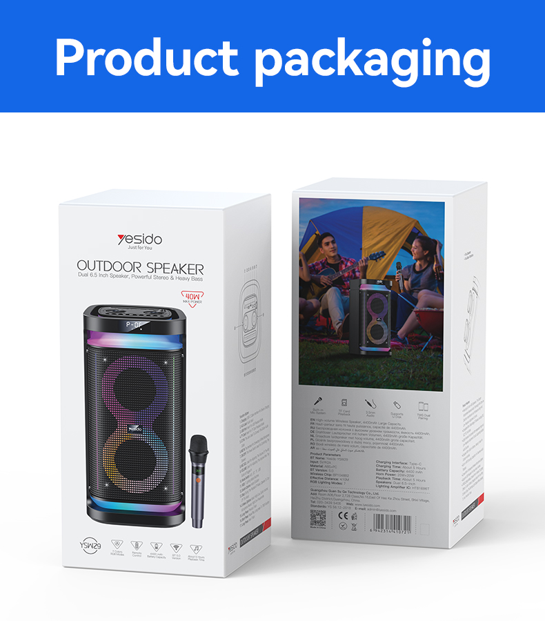Yesido 40 ワット BT5.3 デュアル 6.5 インチスピーカー RGB ライトマイク付き 4400mAh 大バッテリーデジタルワイヤレススピーカー YSW29