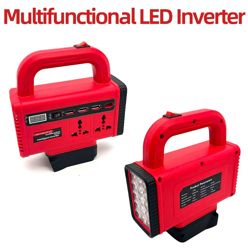 Portable Smart Multifunction LED Inverter with USB Type-C Port Compatible with For Makita/Milwaukee 18V Lithium-Ion Batteries