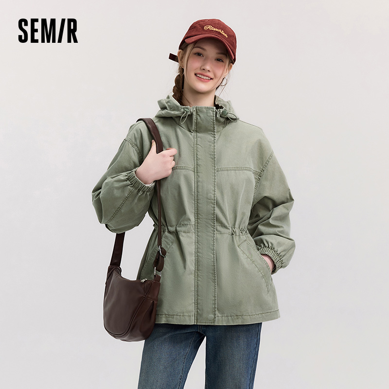 Semir デニムジャケット女性ミッドレングスルーズフード付き 2025 春新作ウエスト締め付けコートレトロデザインファッション衣装