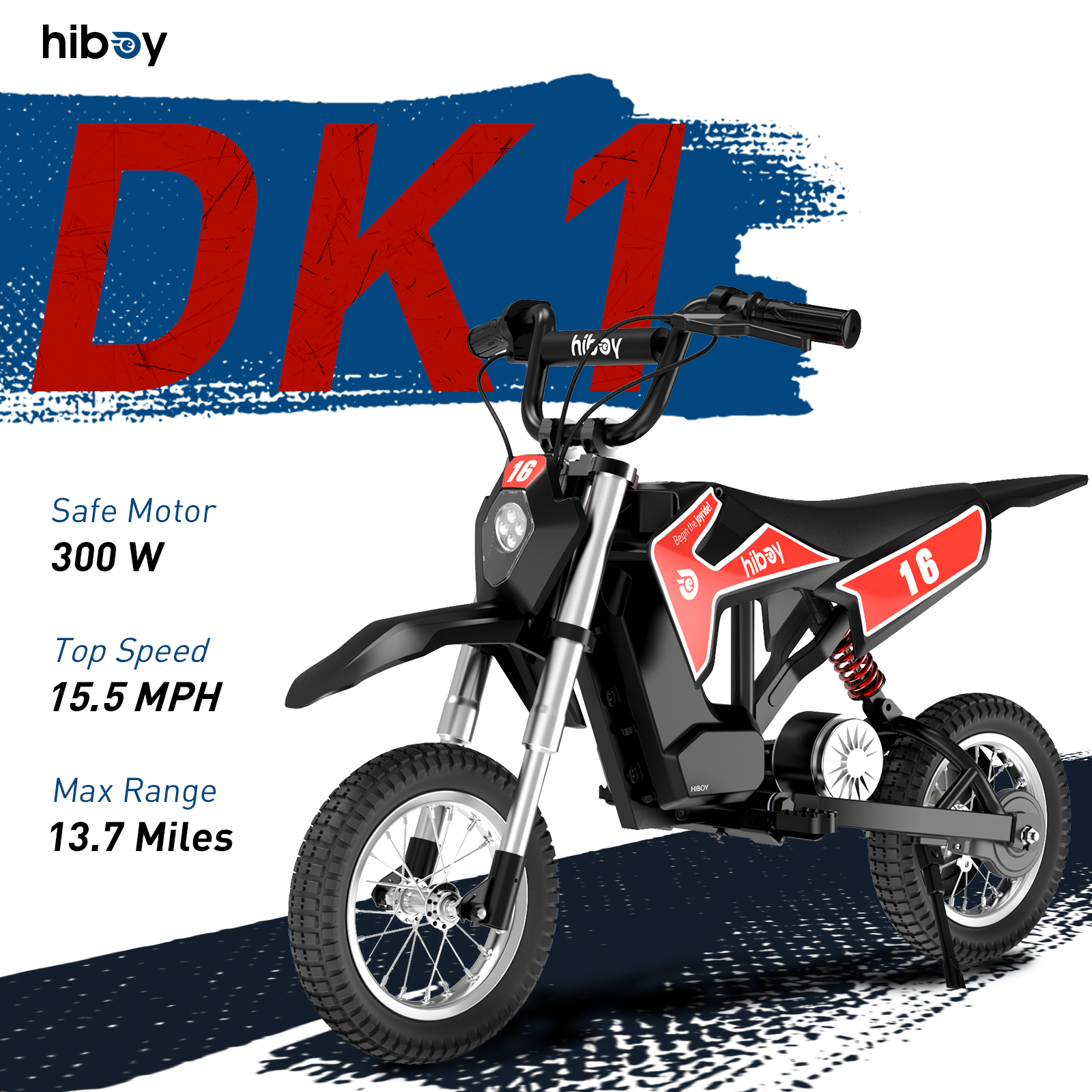 Hiboy DK1 36V 300W キッズ電動ダートバイク、時速 15.5 マイル、3 スピードオフロード E-バイク、走行距離 13.7 マイルの充電式ミニバイク