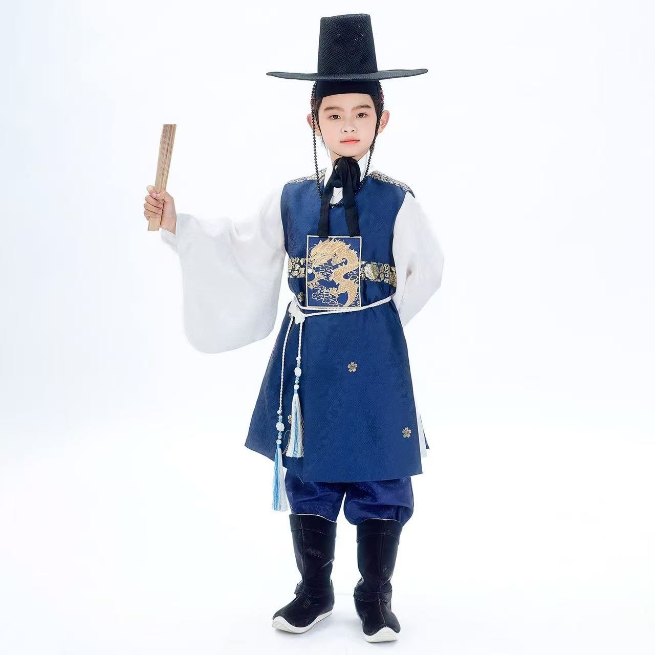 ボーイズブルー韓服伝統的な韓国のノースリーブダークパターンロングローブハロウィンパーティーステージパフォーマンススーツ子供ドラゴン韓服