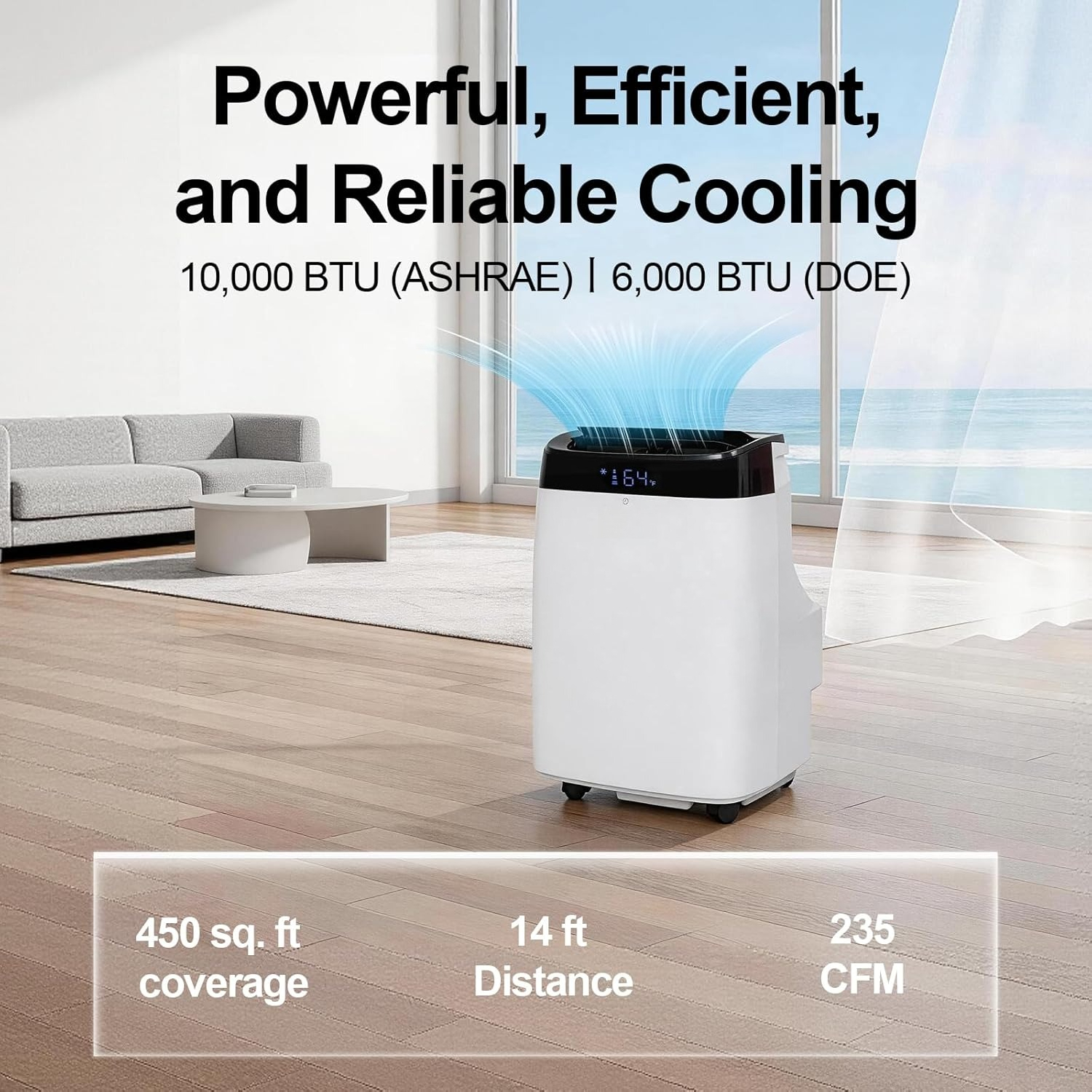 10000 BTU WiFi ポータブル エアコン、5-in-1 スマート AC、45dB 静かな動作、最大 450 平方フィートの部屋を冷却、カスタマイズ