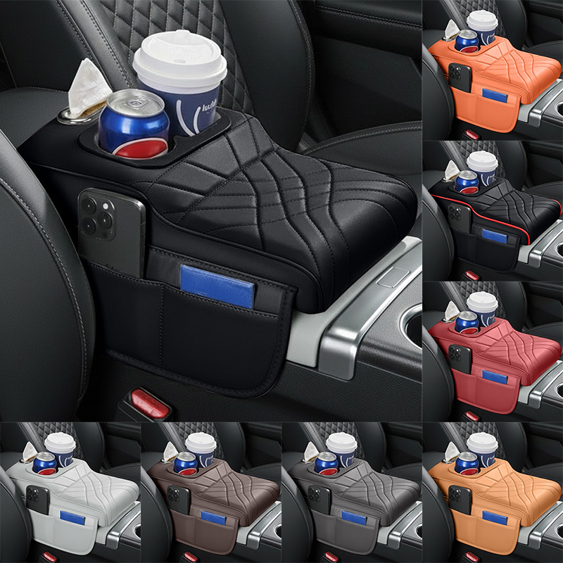 ハイロースタイルの車用アームレストボックスクッション - サイドポケット2つ、カップホルダー2つ、ティッシュボックス1つ付きのアームレストカバー。ほとんどの車に適しています。