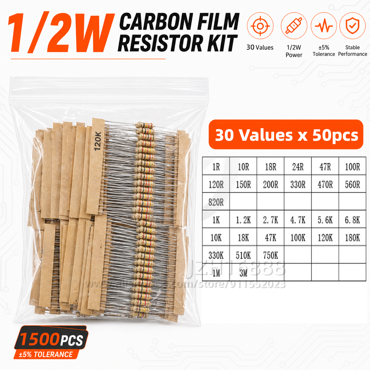 カーボン皮膜抵抗キット 1/8 ワット 1/4 ワット 1/2 ワット 1 ワット 2 ワット 3 ワット 5 ワット 5% 4 バンドスルーホールアキシャルリード抵抗 DIY 電子部品