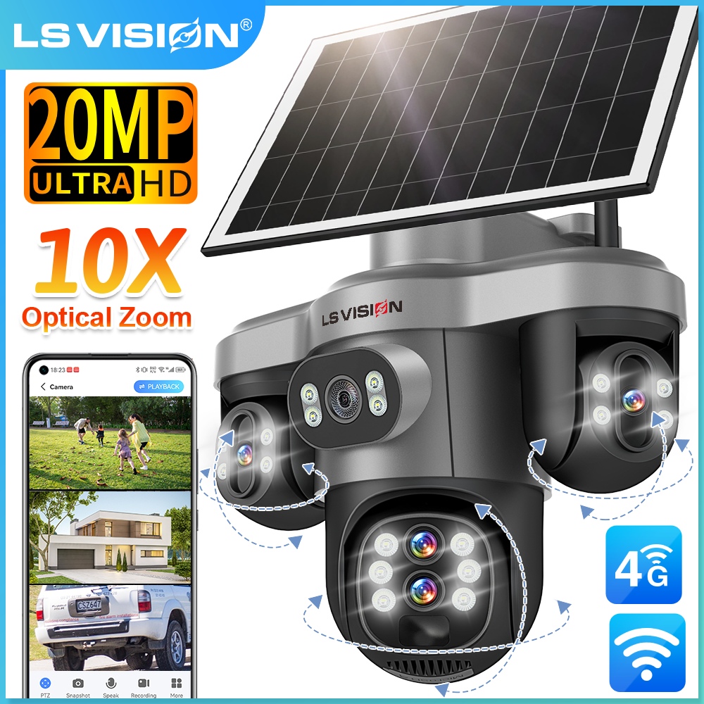LS VISION 10X 光学ズーム 20MP 4G /Wifi ソーラーカメラ屋外 3 スクリーン 3 PTZ 360° 自動追跡 IP 監視カメラ V380 プロ