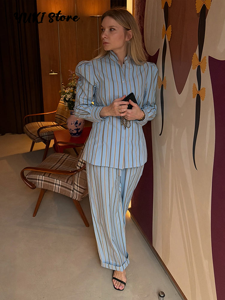 Casual Blue Stripe Contrast Shirt Pants Sets Women Stand Neck Full Sleeve Buttons Top Straight Pant 2026 Elegant Commute Outfits
