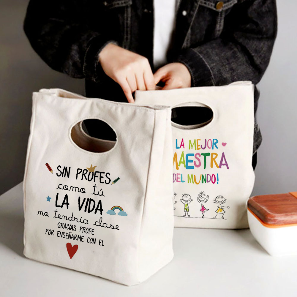 スペイン語プリントアイスクリームクーラーバッグランチバッグポータブル断熱キャンバストート熱学食収納ポーチ教師へのギフト