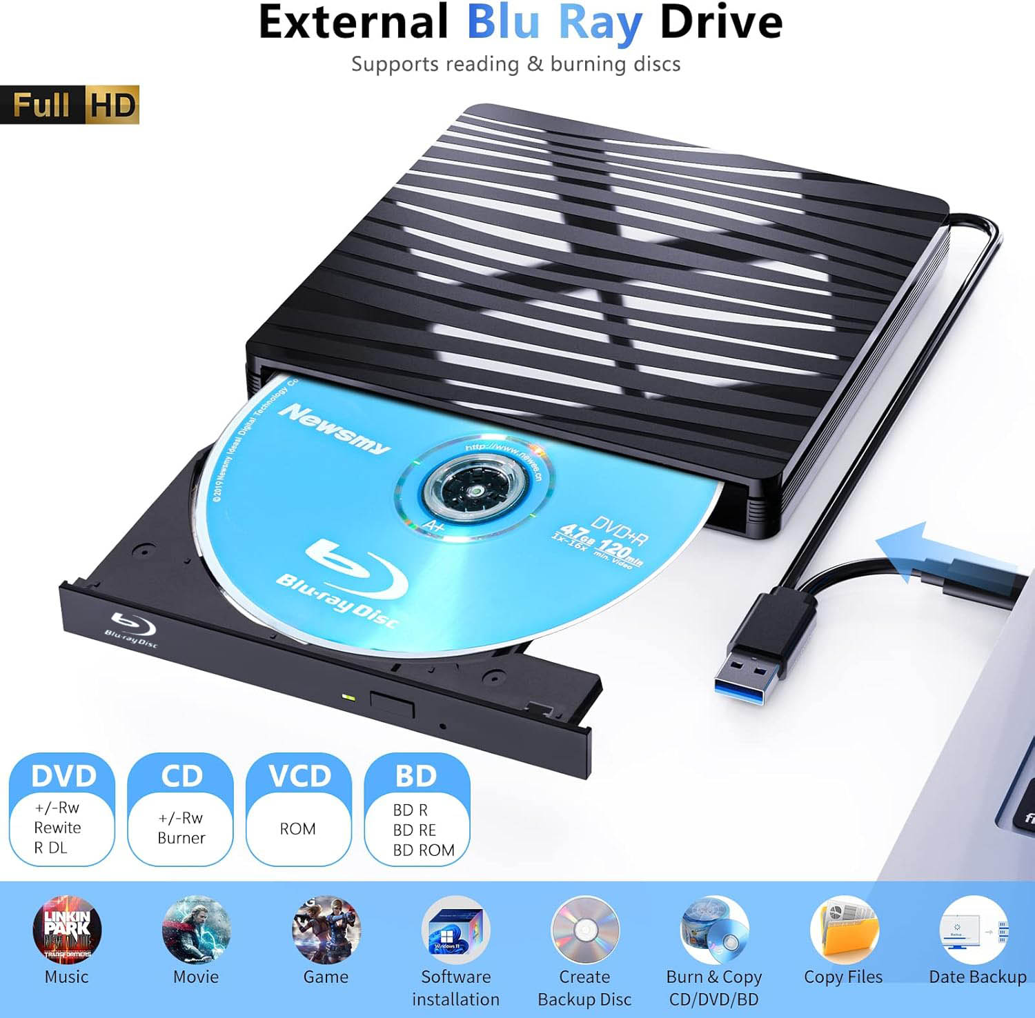 USB3.0 外部ブルーレイ光学ドライブ ラップトップ PC Windows 11/10 Mac ポータブル 3D BD-RW ドライブ BD DVD CD プレーヤー バーナー リーダー