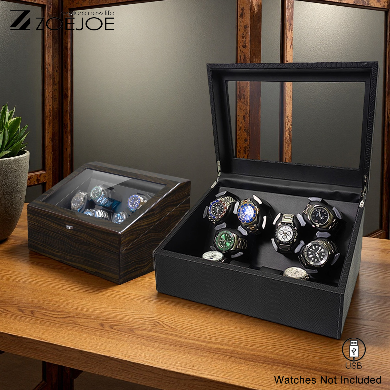 ZOEJOE 自動ウォッチワインダー Pu レザー USB ケーブル低ノイズ Wath 収納ボックスライト誕生日プレゼント男性女性のための