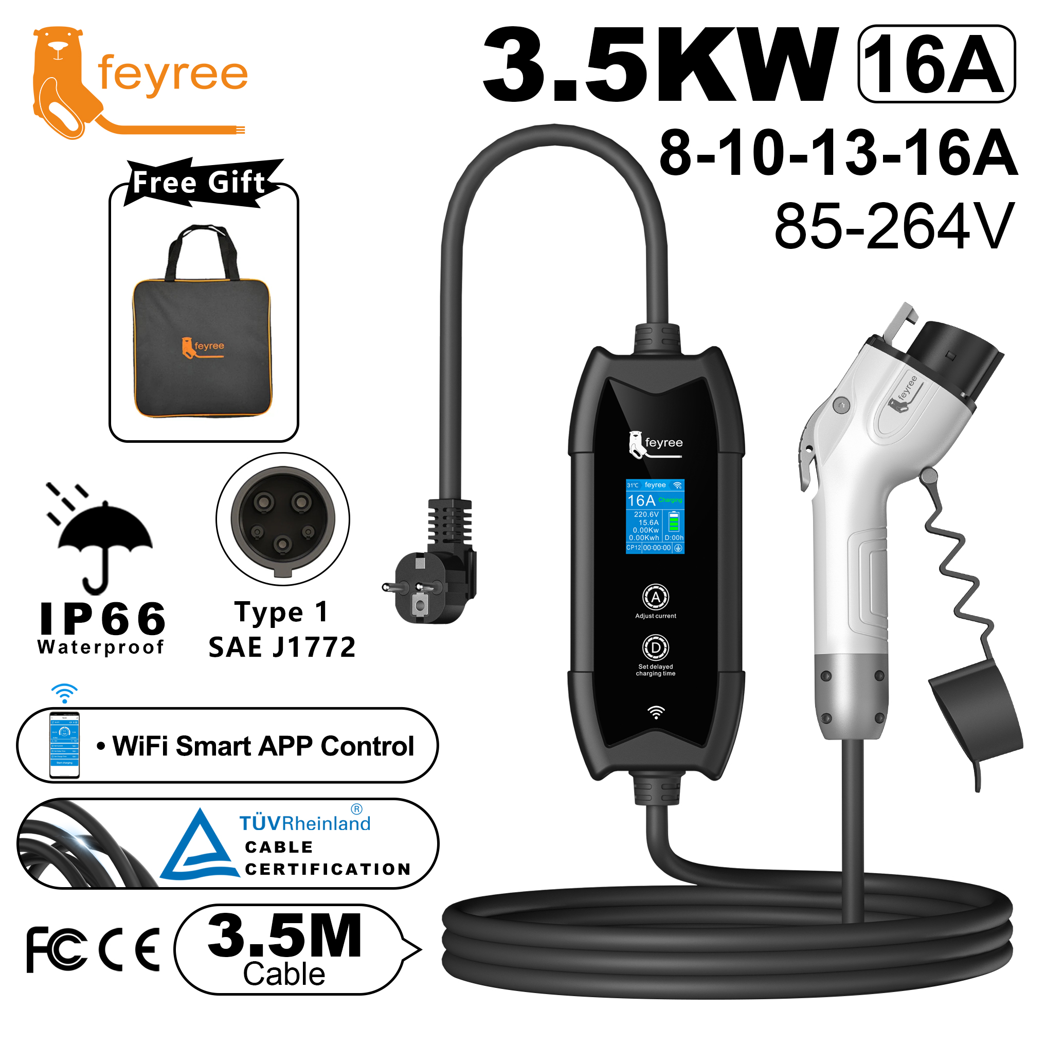 Feyree Type1 ポータブル EV 充電器 3.5m ケーブル WIFI APP 制御付き 16A 3.5kW セット充電