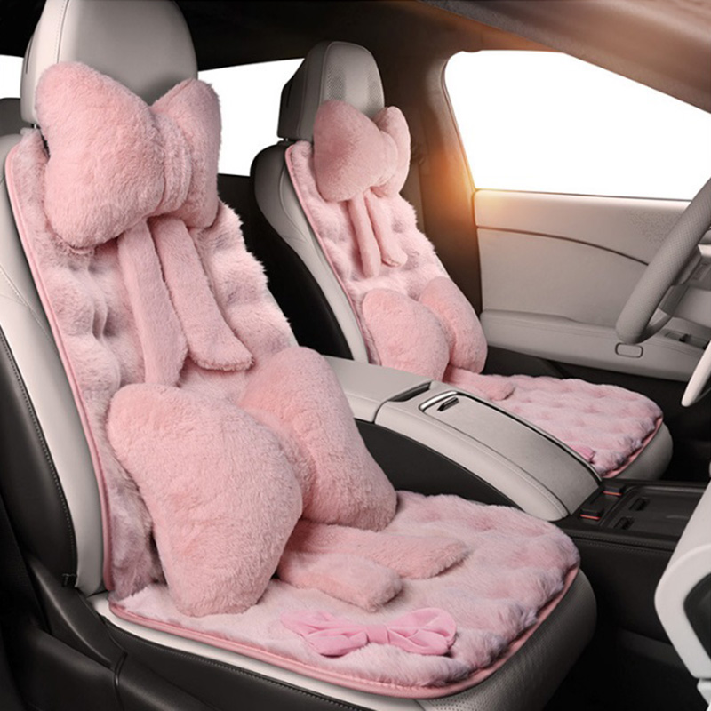 冬豪華なカーシートカバーちょう結びファッションかわいい女性の自動車インテリアプロテクターステアリングホイール暖かいクッション車の枕