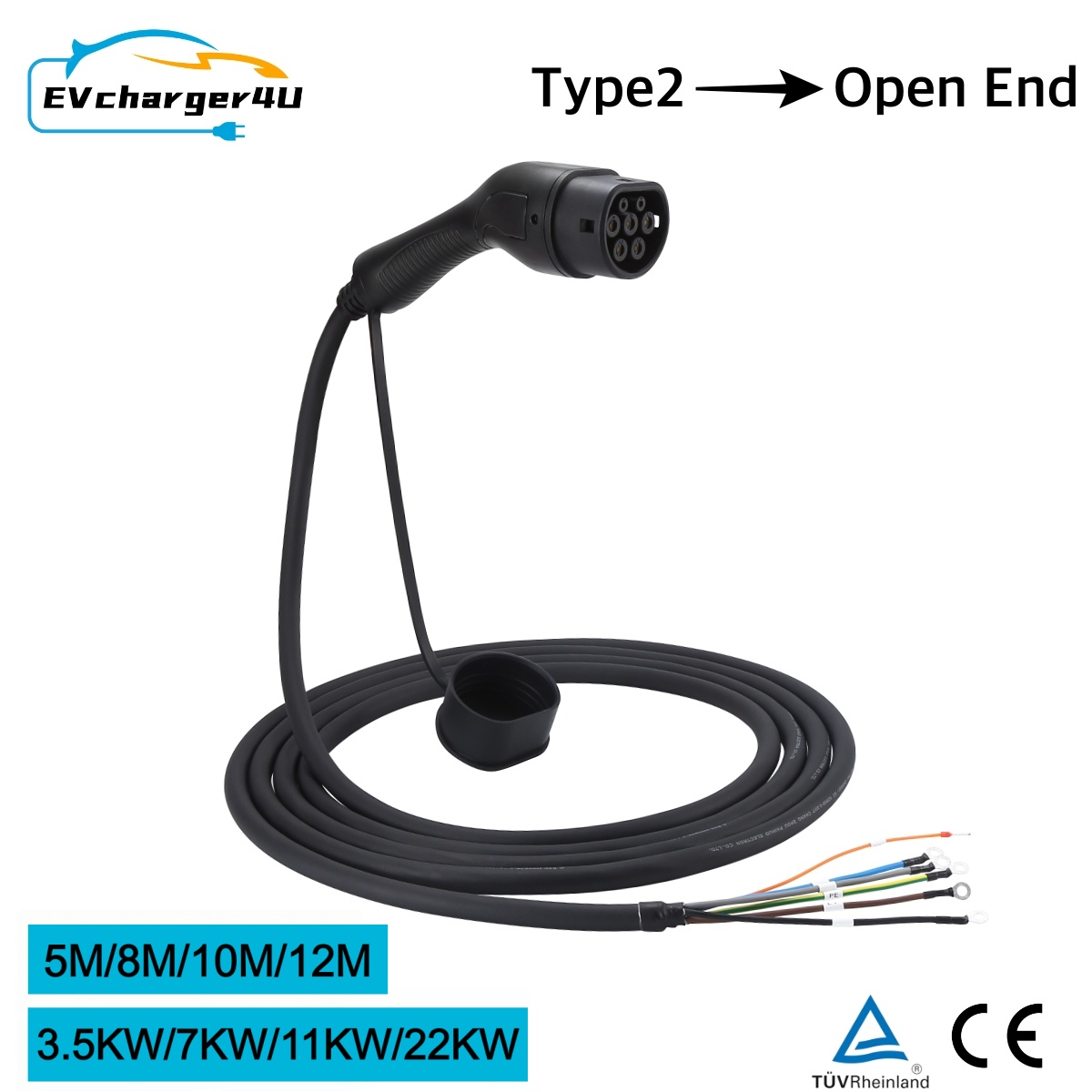 EVcharger4U Type2 EV 充電ケーブル 3.5KW/7KW/11KW 22KW 1 相/3 相 16A/32A オープンエンドワイヤー電気自動車充電ステーション用