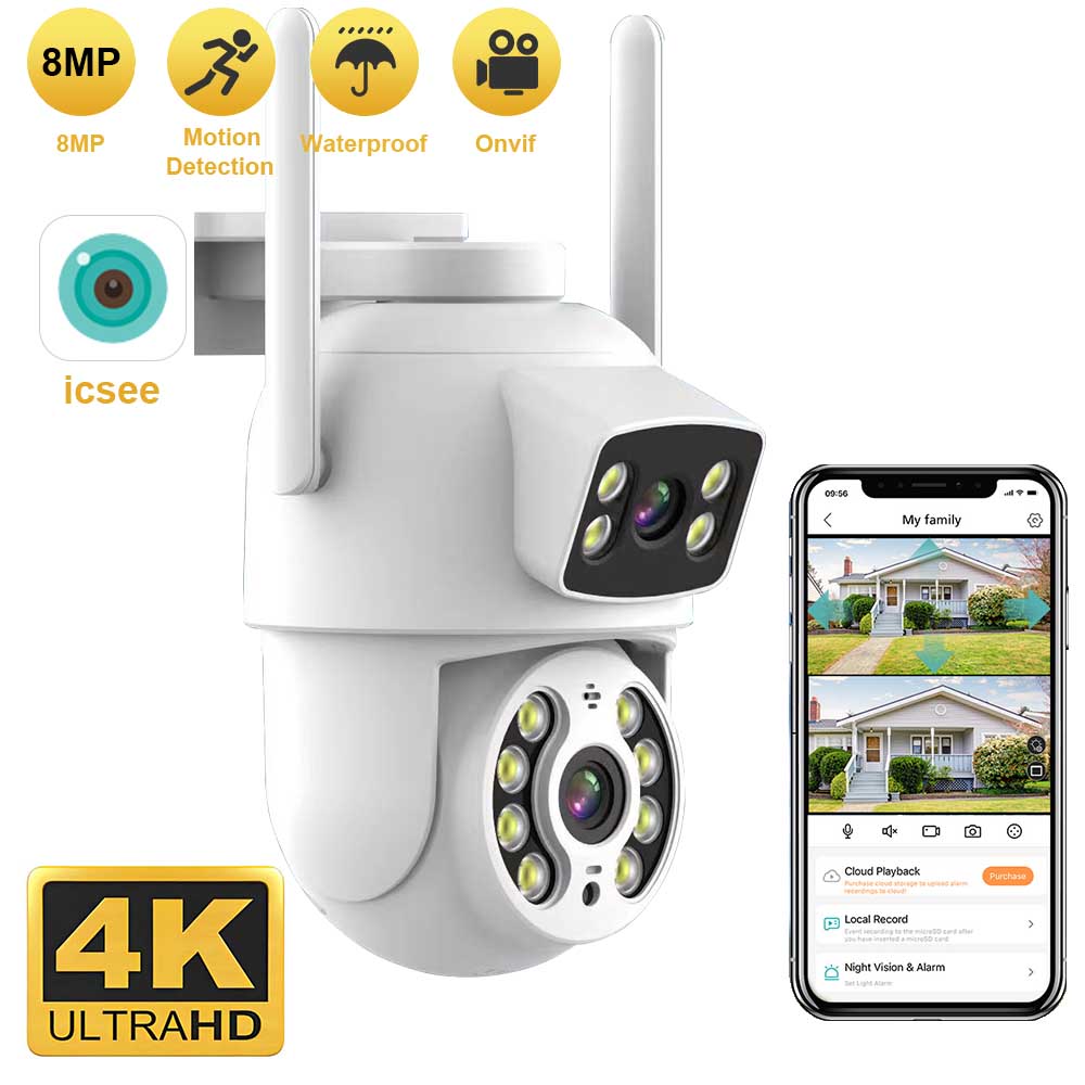8MP 4K デュアルレンズとデュアルスクリーン PTZ Wifi カメラ Ai 人間検出自動追跡ワイヤレス屋外監視カメラ iCSee アプリ