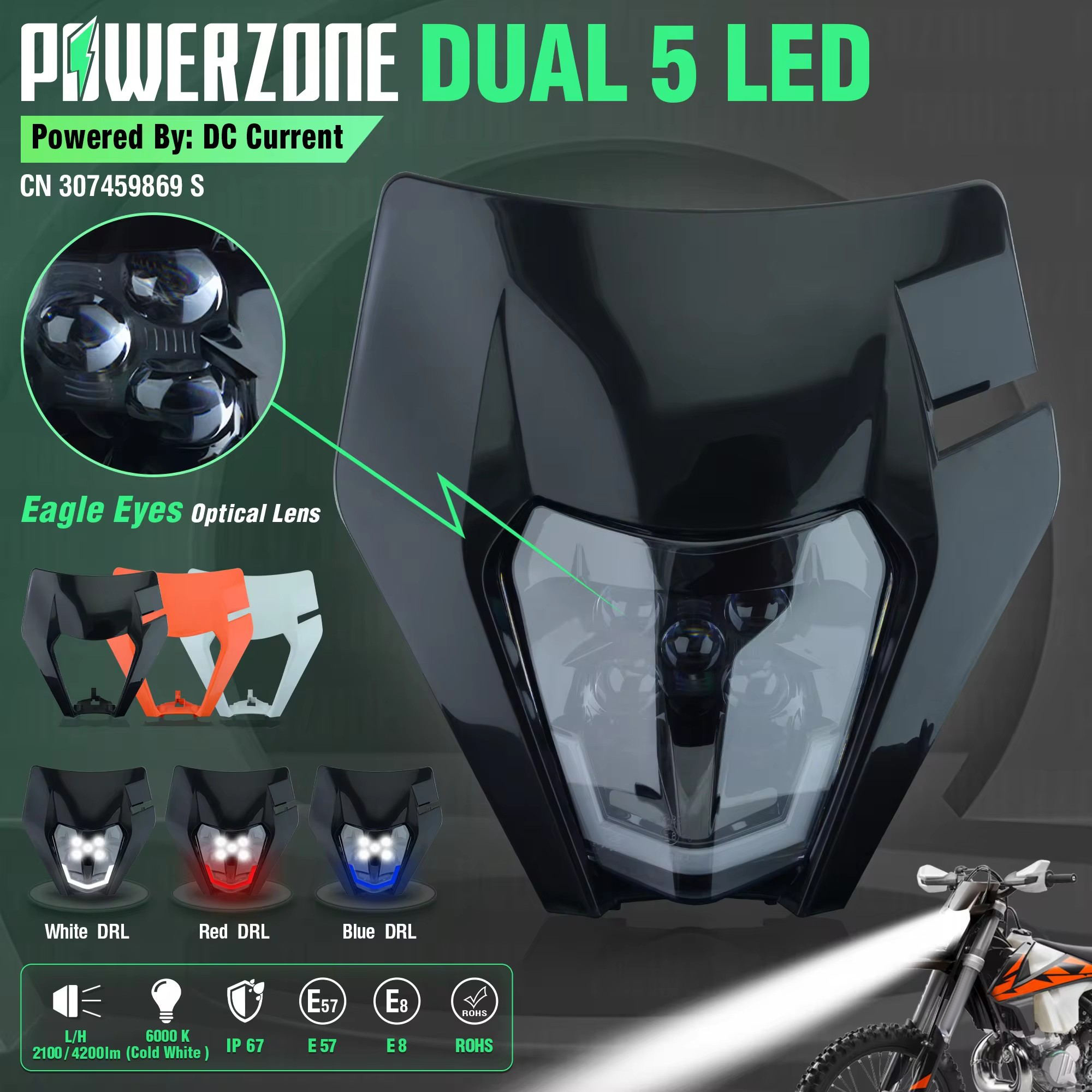 PowerZone オートバイのヘッドライトヘッドランプヘッドライトスーパーモトフェアリング KTM EXC SXF MX ダートバイクエンデューロヘッドライト