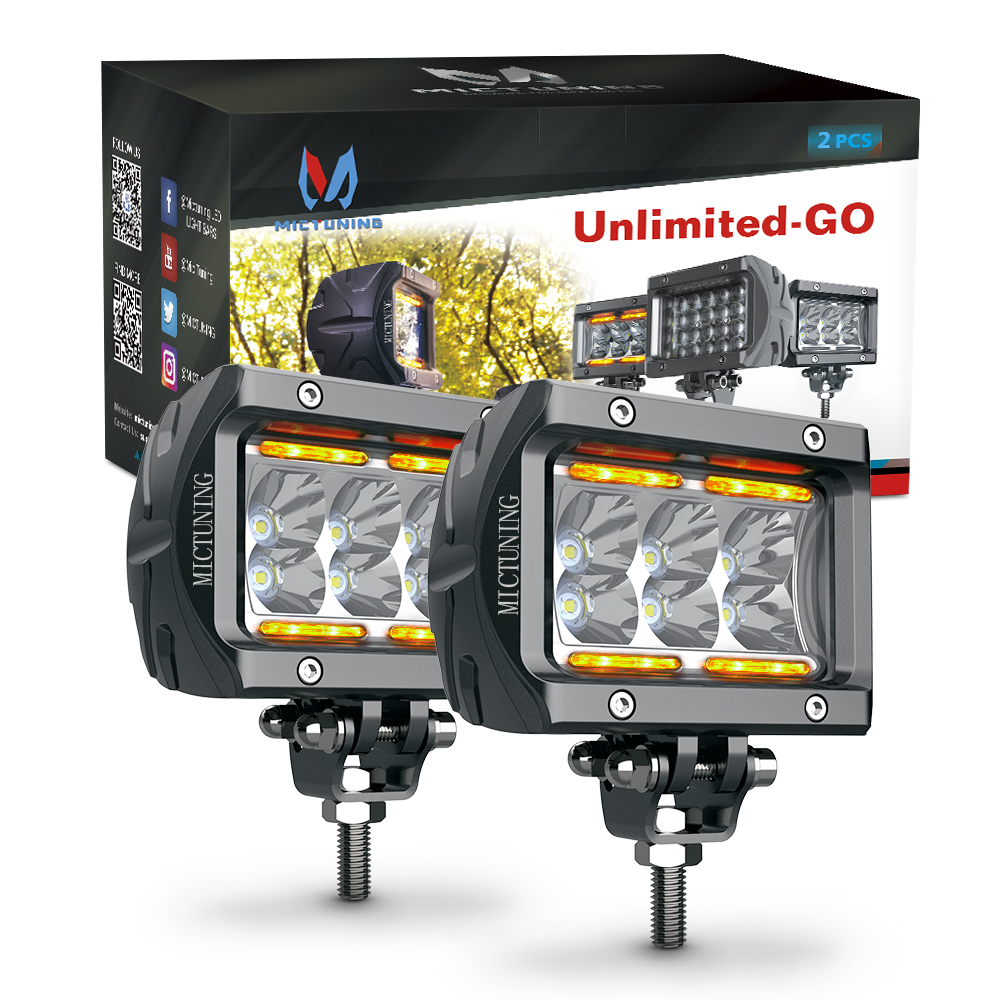 MICTUNING 車用 LED ワークライト 4インチ 18W LED フラッド/スポットワークランプ アンバーアンビエントライト付き ジープ ATV SUV トラック ボート用 (2個)