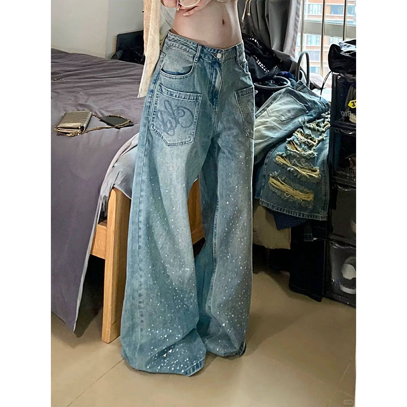 ヘビーデューティラインストーンデニムジーンズ女性のストリートスタイルルーズワイドレッグフロアレングスブルー長ズボン 2026 春夏新作arr