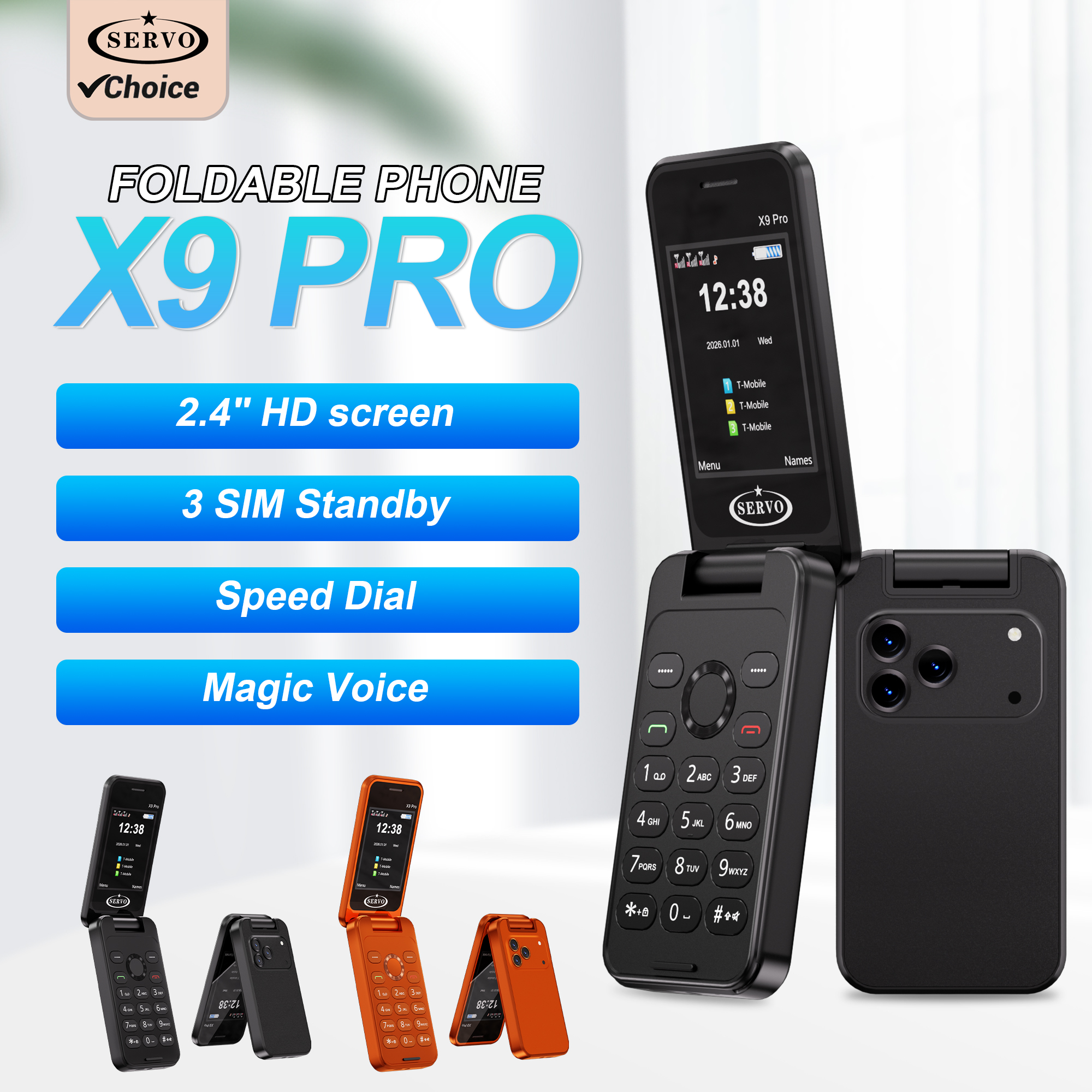 2026 サーボ X9 プロフリップボタン携帯電話 2 グラム GSM 3 SIM スタンバイマジックボイススピードダイヤル FM ラジオ 2.4 インチディスプレイ折りたたみフィーチャーフォン