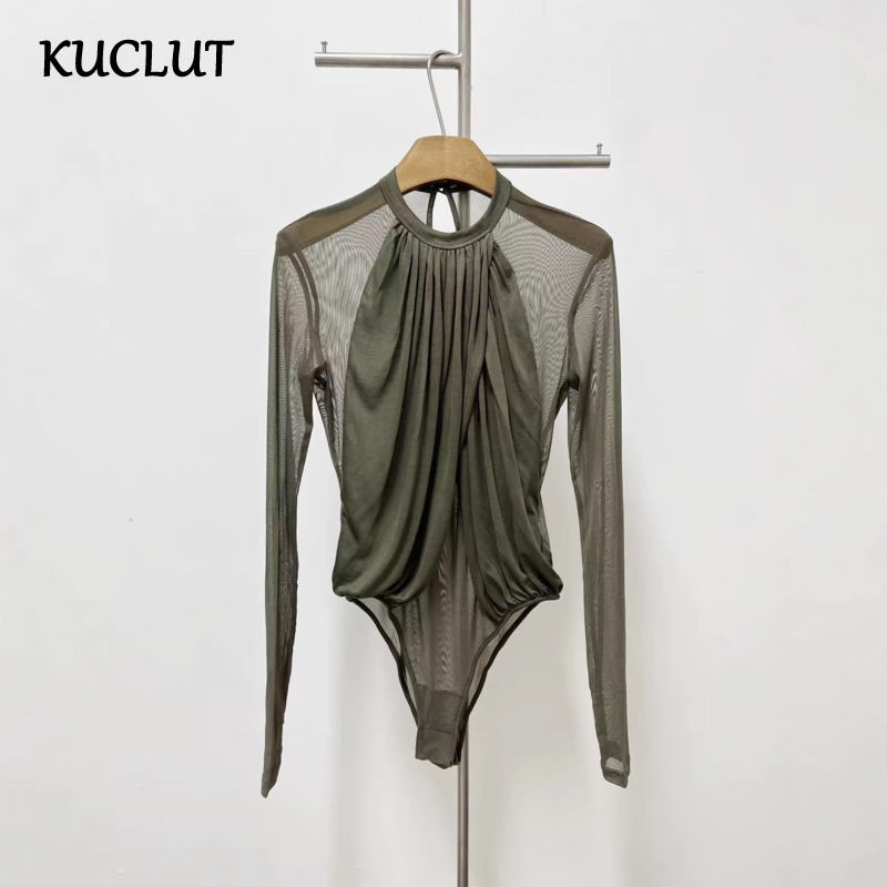 KUCLUT 2026 夏の新ファッションニッチデザインメッシュスリムフィットワンピーストップ女性のための多用途生き抜くボディスーツ女性 1A2881