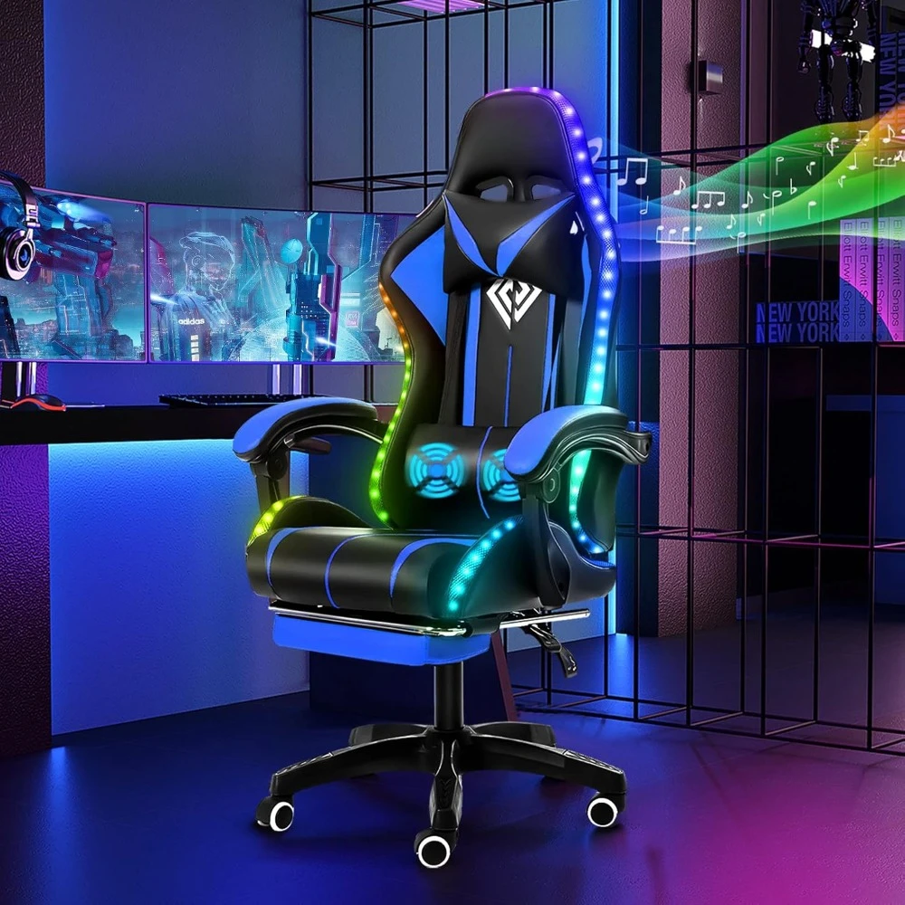ファッションハイバックビデオゲームチェアスピーカー付きマッサージコンピュータゲームチェアLEDライトとフットレスト付き