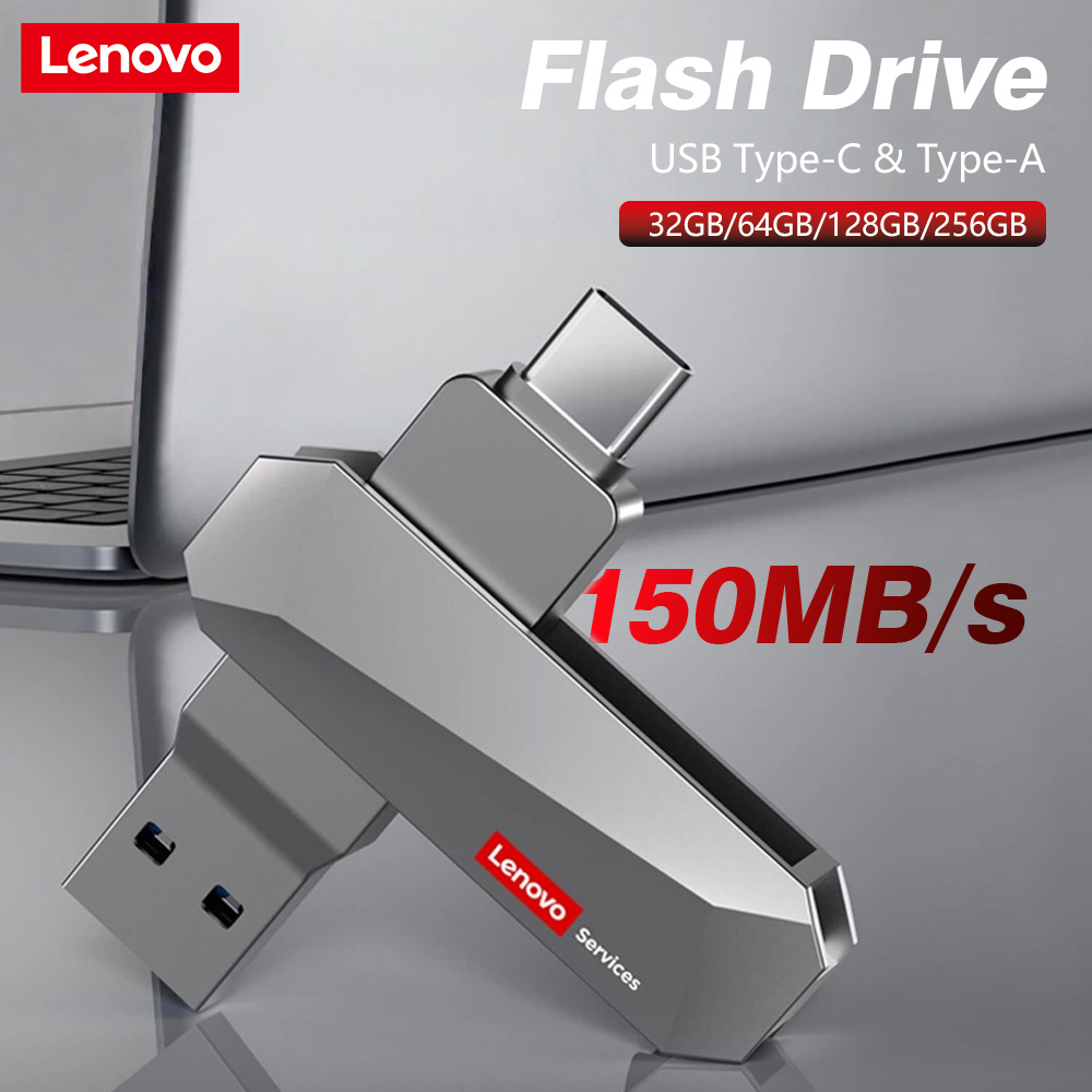 Lenovo USB 3.2 Type-C デュアルフラッシュドライブ 32/64/128/256GB、メタルハウジングスイベルデザイン親指ドライブ、150MB/s 読み取り速度、E510