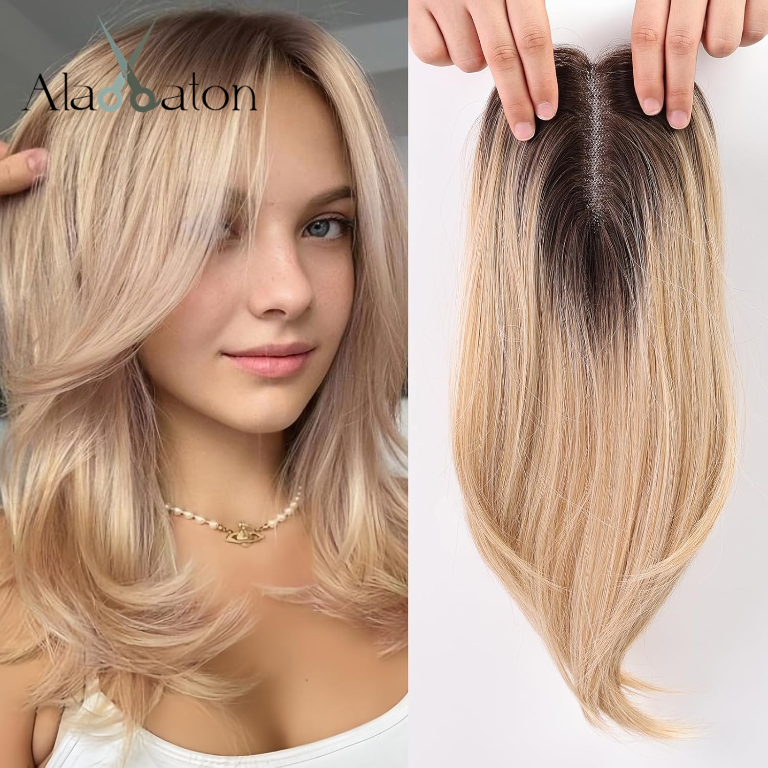14 インチ オンブルブロンド レイヤードヘアトッパー 前髪付き 女性用 人工毛トッパー スイスベース 薄毛用クリップ3個付き