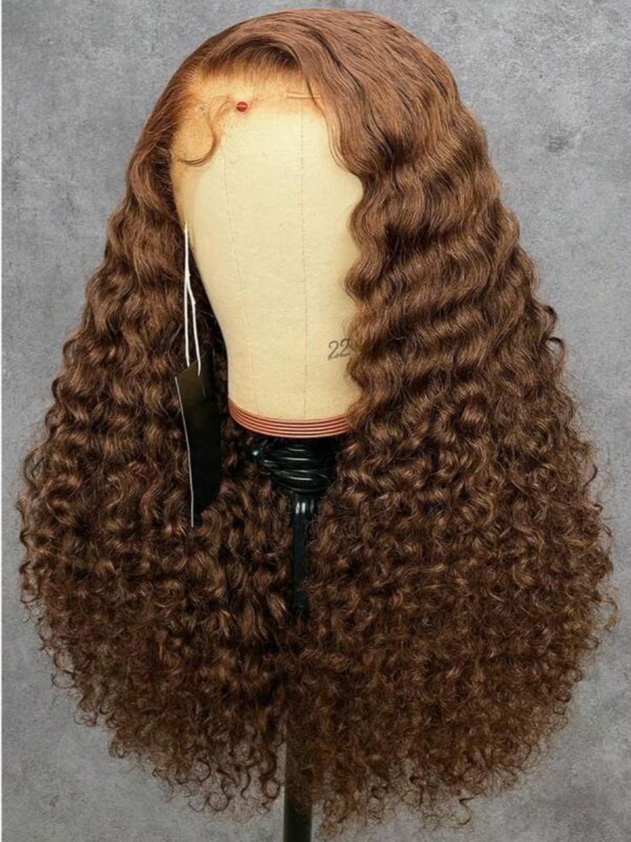 #4 Colored Curly Human Hair Wigs 13x4 HD Curly Lace Front Wigs Pre Plucked Brown Deep Wave Human Hair Wig For Women 250% Density