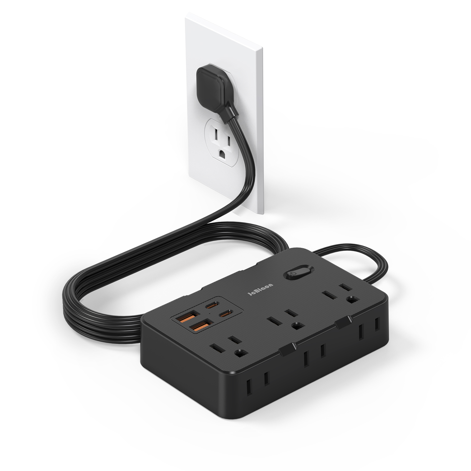 超薄型フラットプラグ延長コード、6つの広いコンセントエクステンダー付き、4つのUSBポート（2つのUSB C）、5フィートのサージプロテクター電源タップ、Ho用