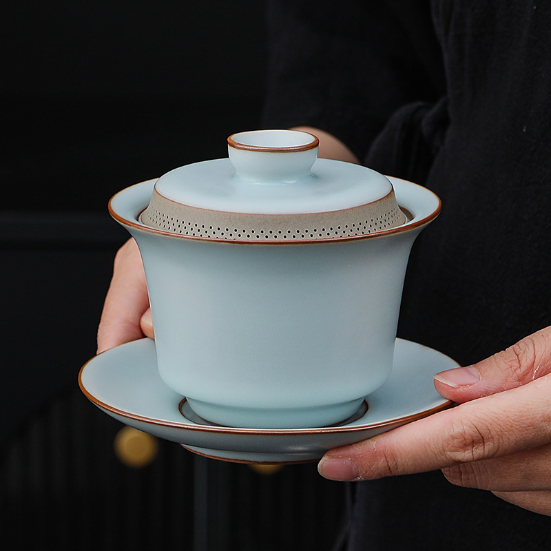 Ru Kiln 青磁 Gaiwan フィルター内蔵耐熱セラミックティーポット Gongfu 茶道用自家醸造手作りギフト