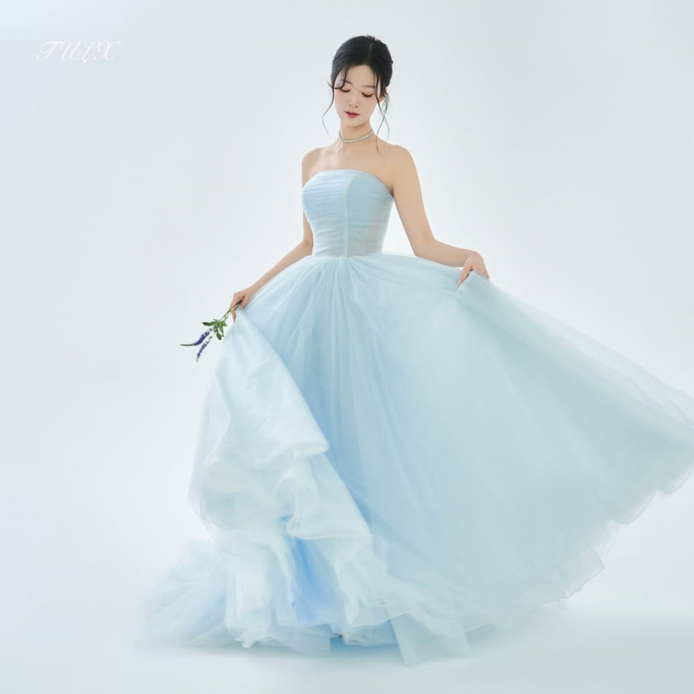TULX 妖精チュールブルーイブニングドレス韓国写真撮影ストラップレスウェディングパーティードレスフロアレングスコルセットドレスカスタマイズ 2025