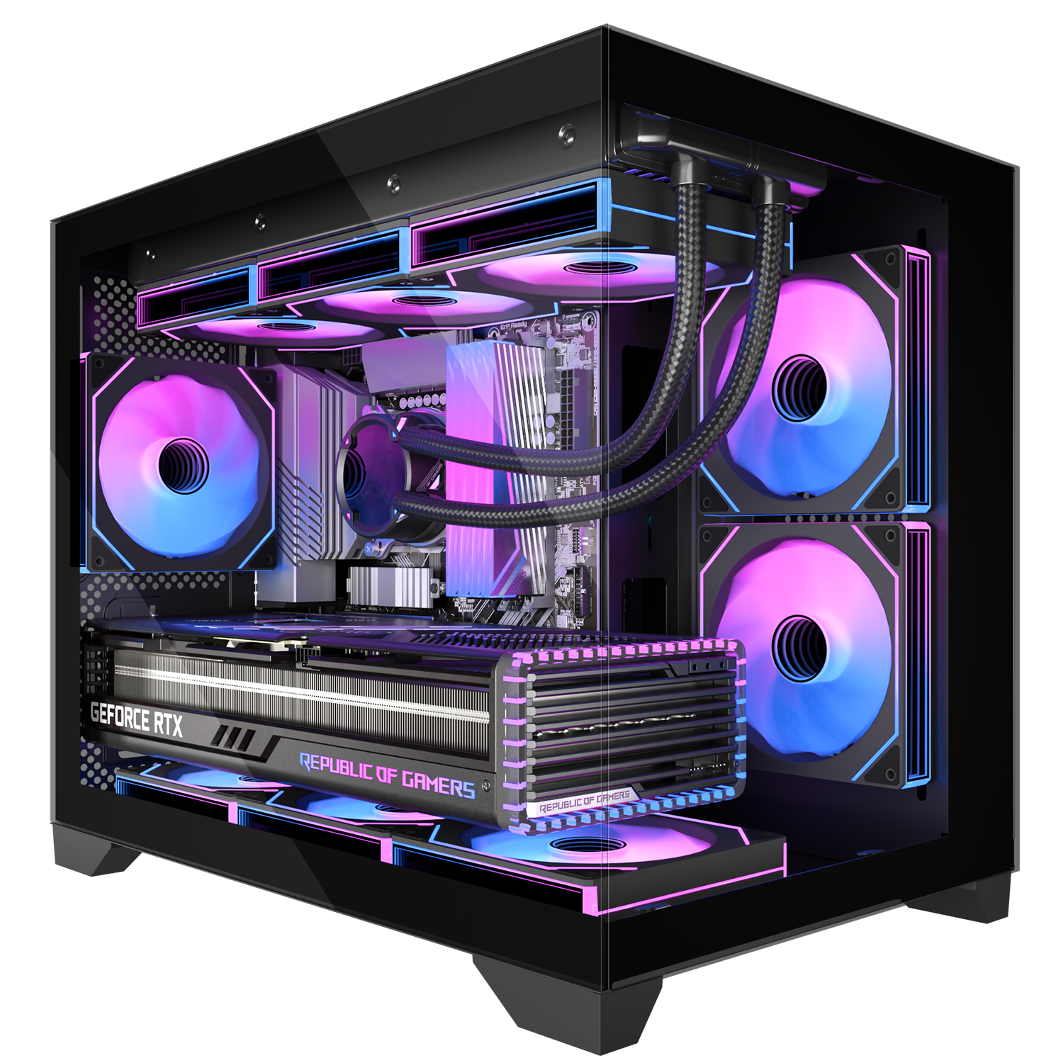 270° ビューの強化ガラスを備えた Micro-ATX ゲーミング PC ケース、3 つの PWM ARGB ファンがインストール済み