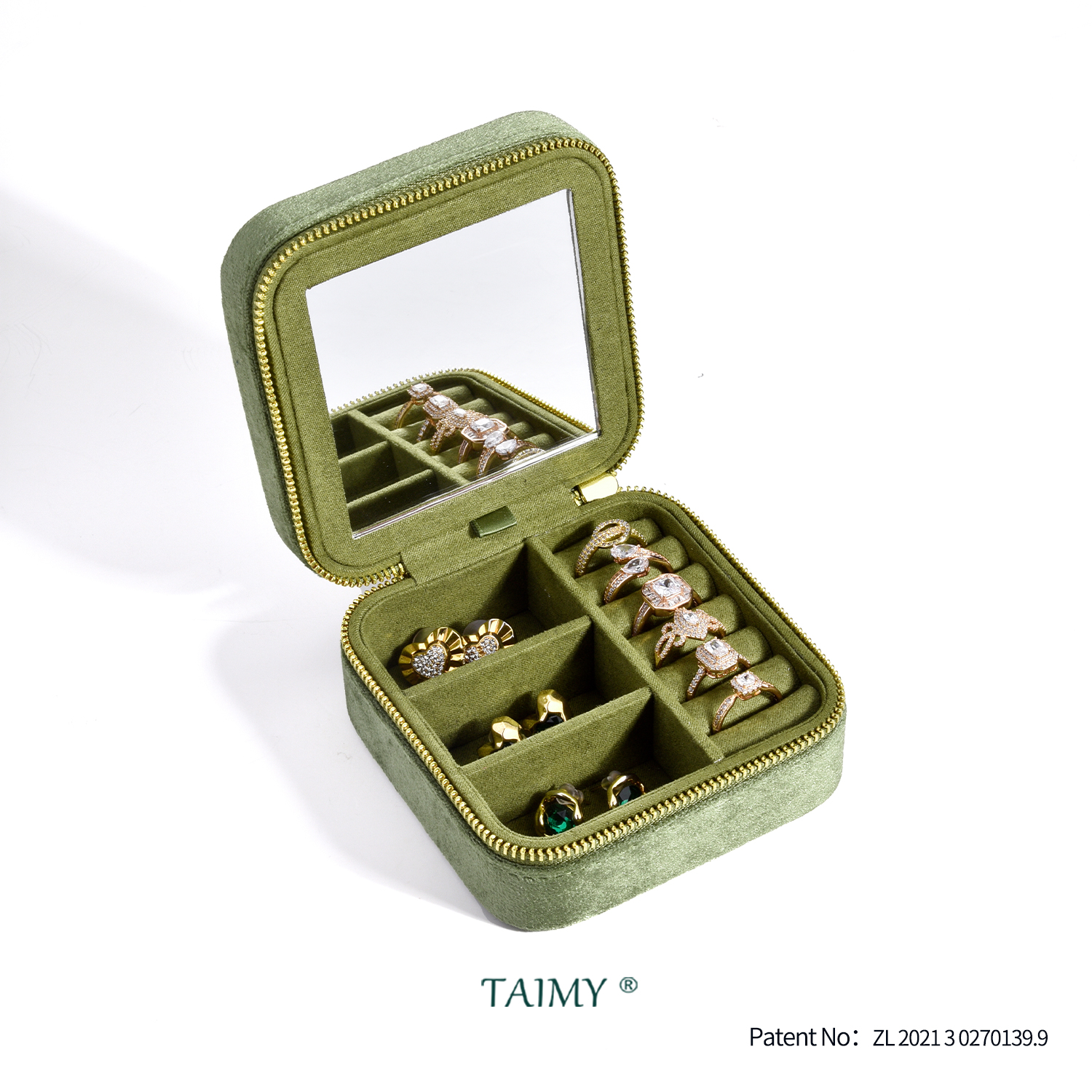 TAIMY ヴィンテージベルベットトラベルジュエリー収納リングボックスフリップミラーオーガナイザーサポートロゴ付きカスタムレトログリーンジュエリーボックス