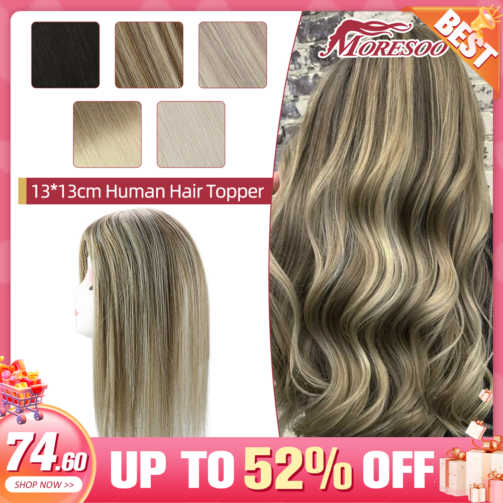 Moresoo ヘアトッパー 100% 本物の人毛クリップエクステンションブラジリアンヘアマシンレミーヘア 13*13 センチメートルモノラルと PU トップ見えない